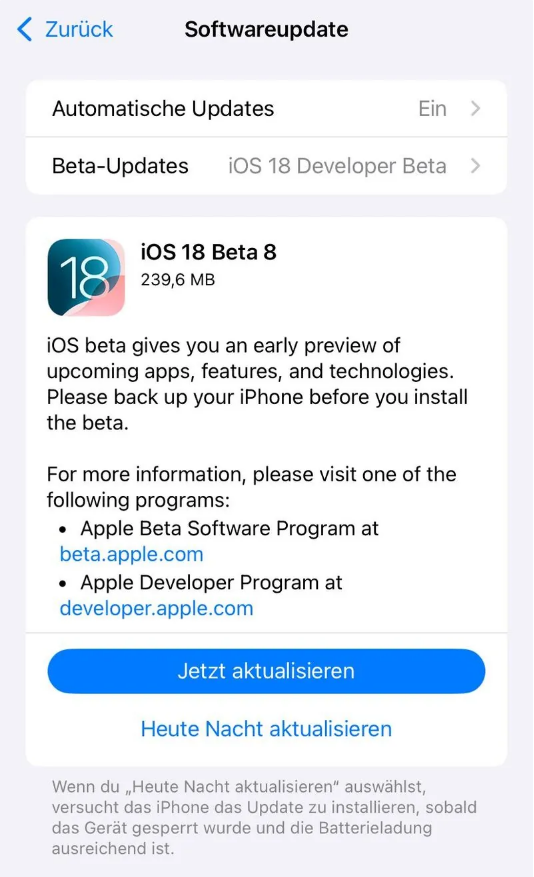 林甸苹果手机维修分享苹果 iOS / iPadOS 18 开发者预览版 Beta 8 发布 